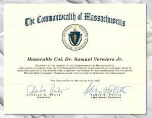 Governor Charles Baker and Lt. Governor Polito of Massachusetts award certificate of appreciation to Samuel Verniero, Jr.