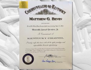 Samuel Verniero, Jr. is commissioned as a Kentucky Colonel by Governor Bevin.