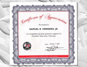 Disabled American Veterans award Certificate of appreciation to Samuel Verniero, Jr.