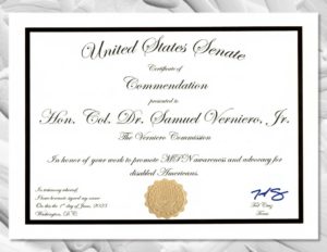 United States Senator Ted Cruz write commendation certificate and letter for Samuel Verniero, Jr. for his work on helping the disabled and those suffering from MPN cancers.