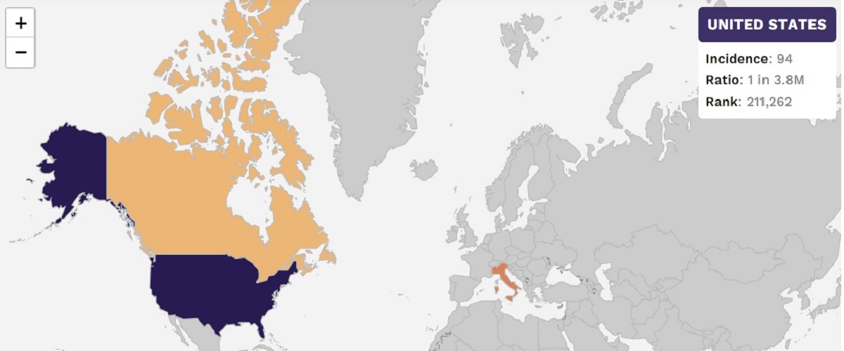 Incidence map of the Verniero Surname in the United States.