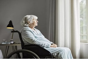 photo of elderly lady in a wheelchair staring out a window