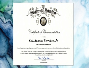 Certificate of Commendation from Governor Brad Little to Samuel Verniero, Jr.