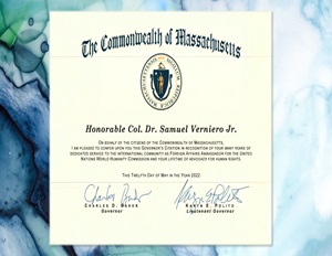 Massachusetts Governor Baker Certificate of Appreciation to Samuel Verniero, Jr.