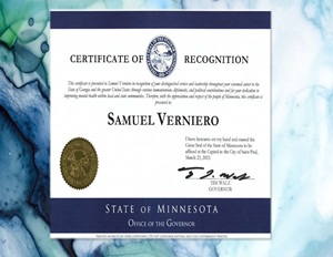 Certificate of recognition from Governor Tim Walz to Samuel Verniero, Jr.