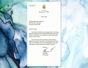 Letter of Appreciation from Senator Thom Tillis to Samuel Verniero, Jr.