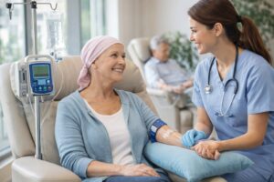 A picture of a woman receiving cancer treatment to symbolize the Cancer section of articles