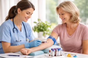 Patient is having blood drawn by a nurse to symbolize the General Health Category of Articles