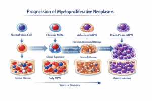 Diagram showing the progression of myeloproliferative neoplasms from a normal blood stem cell to chronic MPN, advanced MPN, and blast-phase disease over time.