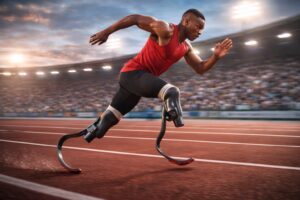Sprinter with artificial lower limbs in a race symbolizing disability.