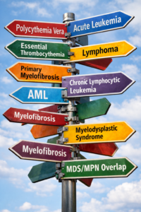Road sign with names of all the blood cancers listed