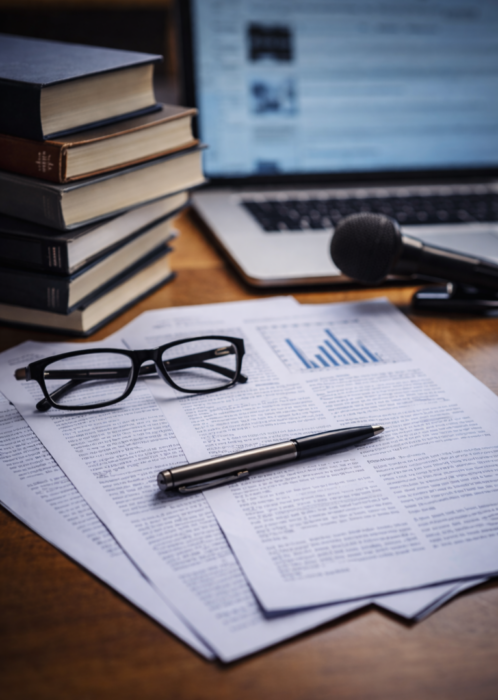 Picture of books, papaer and a pen to show Media use and attribution policy of the Verniero Commission