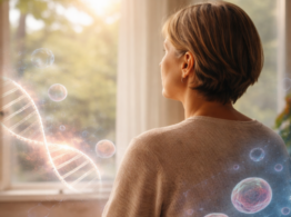 A person seated in natural light, viewed from behind or in profile, with a faint overlay of cellular or molecular imagery (DNA strands, blood cells, or abstract microscopy patterns) to show cancer science, research, and patient-centered perspectives