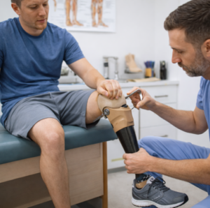 Amputee fitted for a new prosthetic leg signifying assistance for disability