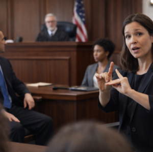 Woman using sign language at a court trial.