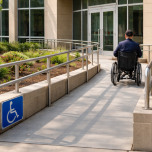 Wheelchair ramp signifying disability assistance.