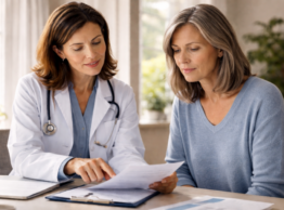 Healthcare Navigation, Access, and Patient Advocacy symbolized by woman sitting with doctor looking at paperwork.