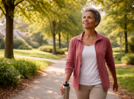 Lifestyle, Environmental Factors, and Health Outcomes shown by woman walking in a park holding a water bottle.