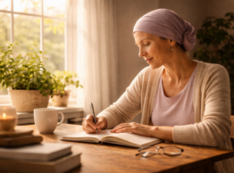 A woman with a wrap on her head because of chemotherapy, sitting at a desk in front of a winder with light pouring into the space as she writes in her journal signifying chronic illness, long-term care, and quality of life.
