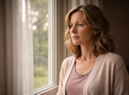 Woman staring at the window with a sad look on her face to symbolize the web topic mental health, stress, and emotional well-being