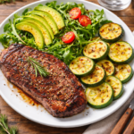 ketogenic friendly ribeye with arugula salad and zucchini
